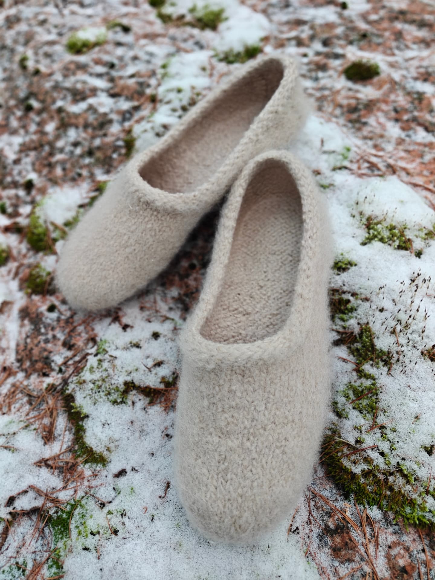 Beige slippers on a snowy forest floor
