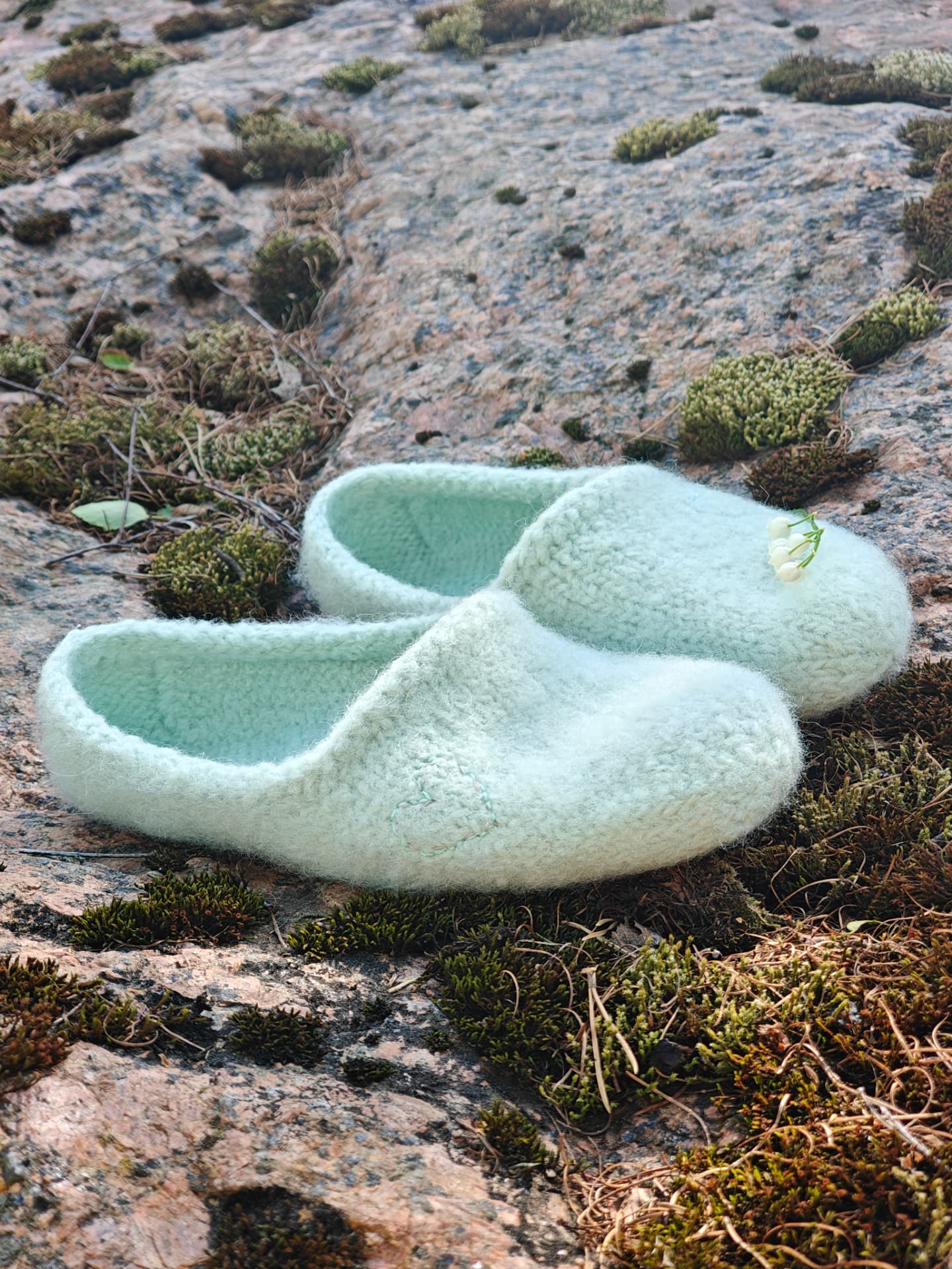 Light green slippers on a mossy stone